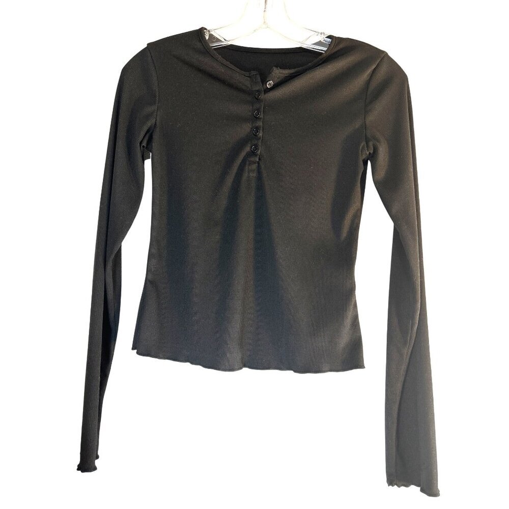 Dazy Girls Henley Top Ribbed Button Black Size S